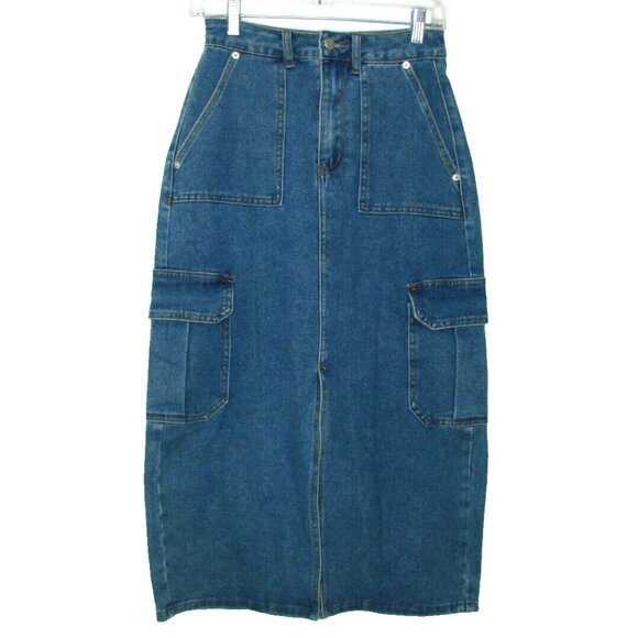 Miou Muse Midi Denim Cargo Straight Skirt Size Small Front Slit Pockets Utility - Picture 1 of 11